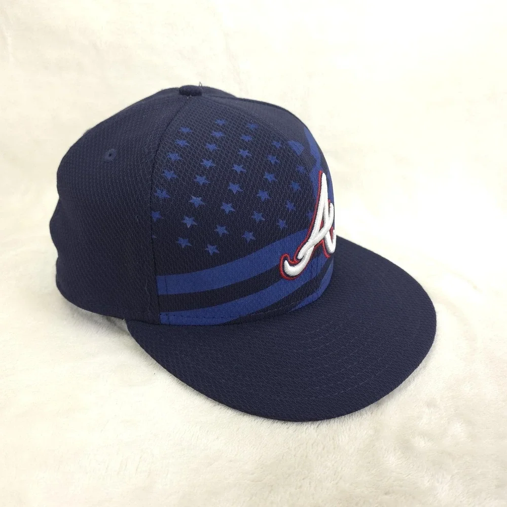 Atlanta Braves Hat Players Cap Fitted Mens 7 1/2 Blue MLB Baseball Stars Stripes